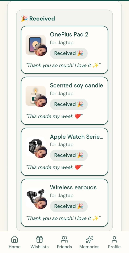 Gifts received, with thank-you notes